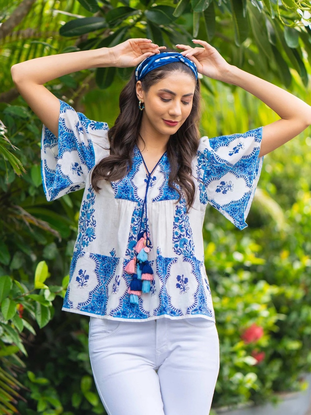 SOHANA Ara Top Boho Block Print Tassel in Sapphire Blue Size XS NWT